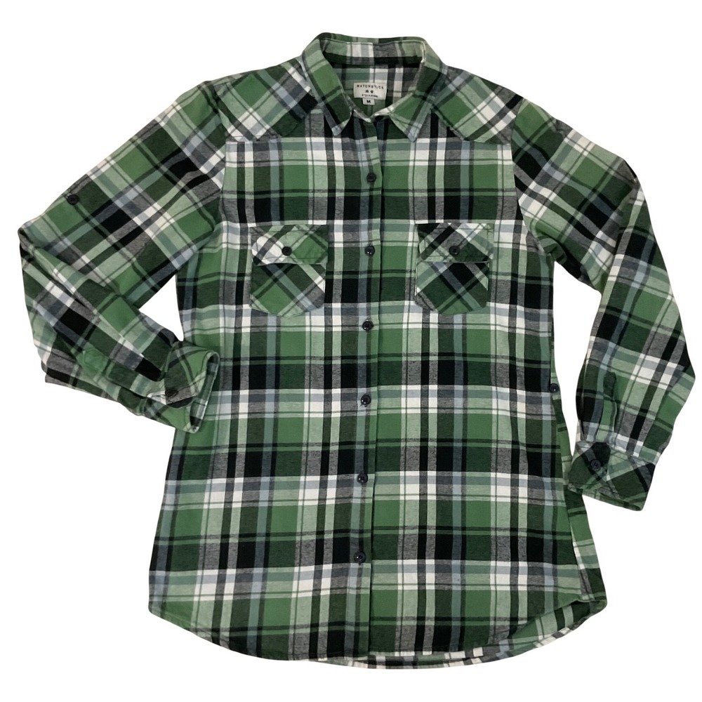 Matchstick Womens Green Plaid Button Down Shirt Long Sleeve‎ Cotton Flannel Med